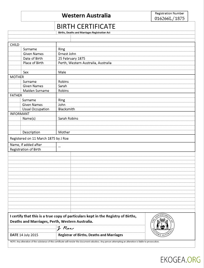 Modèle d'acte de naissance Australie Occidentale au format Word, version 2